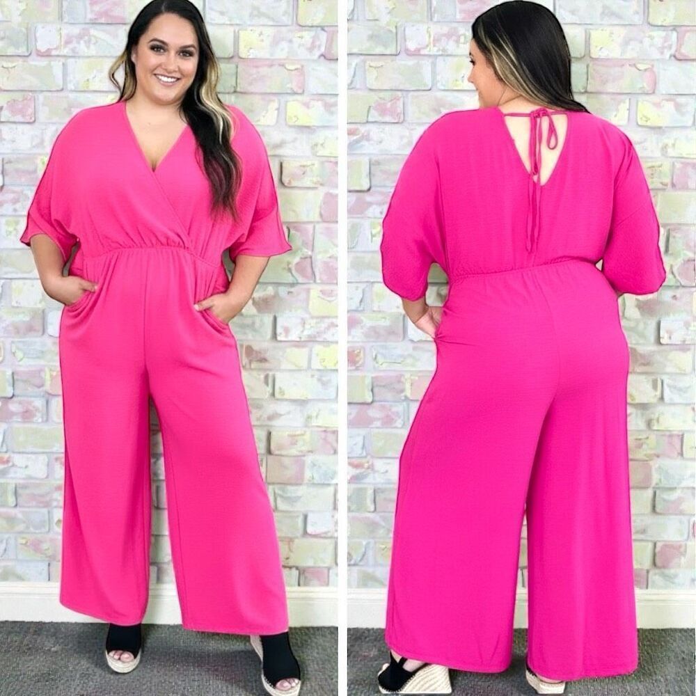 Hot Pink Surplice Wide Leg Dolman Sleeve Jumpsuit with Pockets NWT - Picture 2 of 14
